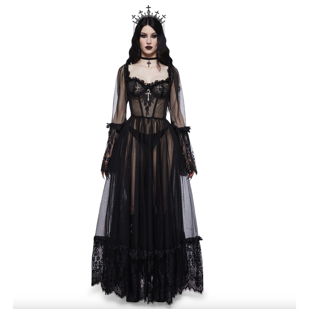Dolls Kill Widow Dance With Death Maxi Dress Small Corset Sheer Lace Goth Gown
